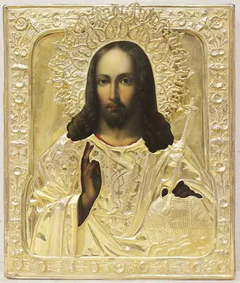 Старинная икона «Господь Вседержитель с державой и скипетром» в окладе с растительным орнаментом