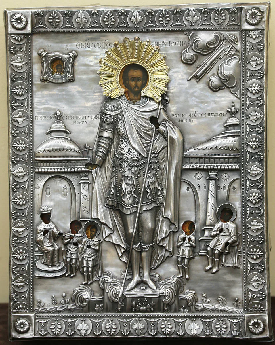Старинная икона «Иоанн Воин со сценами жития» в окладе с пальметтами