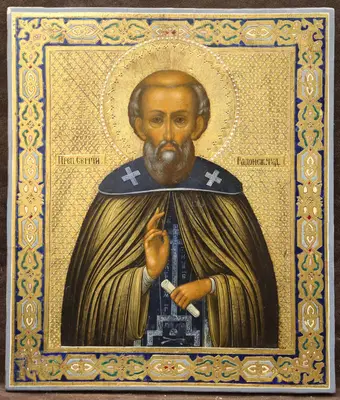 Старинная икона «Сергий Радонежский» с росписью «под эмаль»